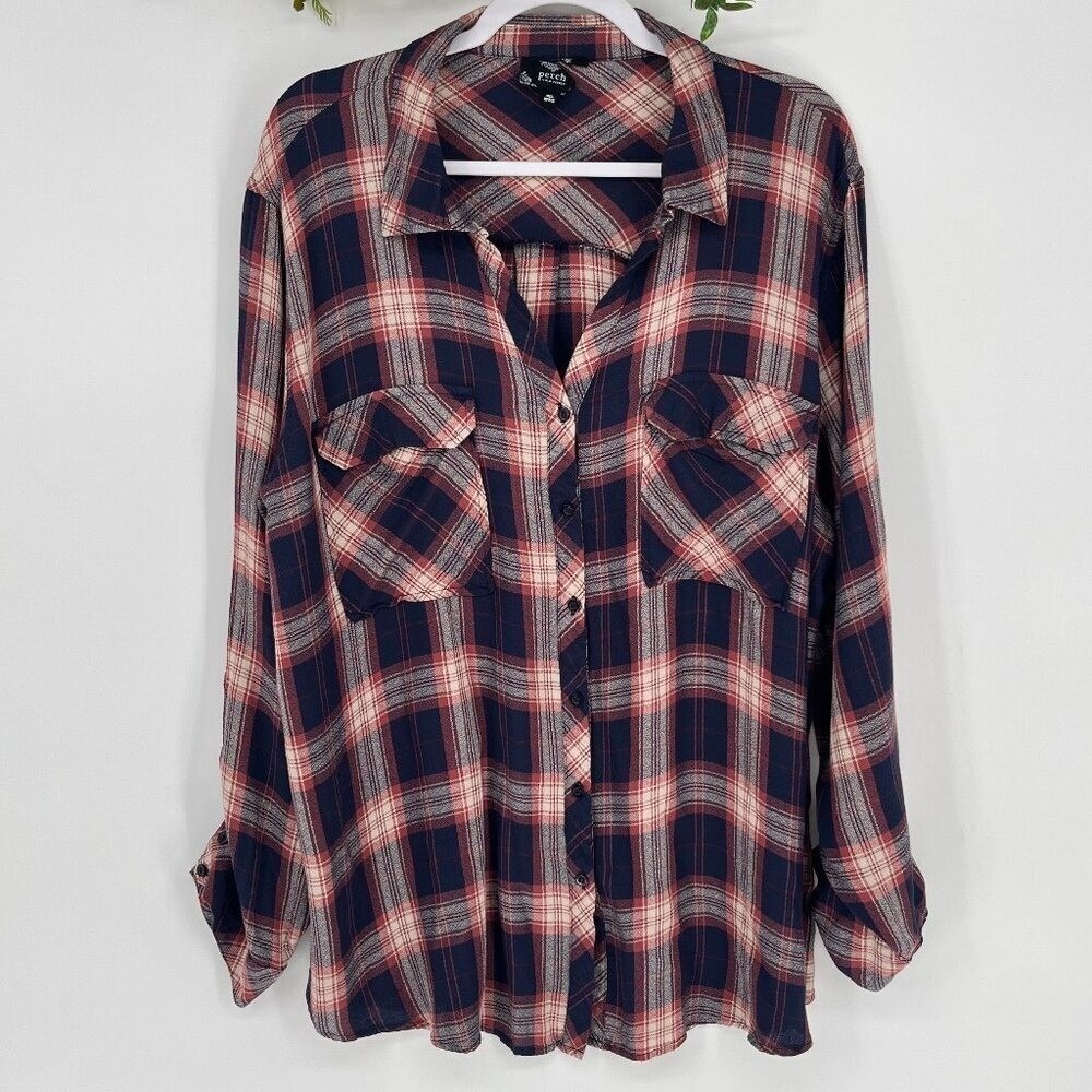 Perch‎ by Blu Pepper Plaid Button Down 3XL Long Sleeve Navy Red Cream